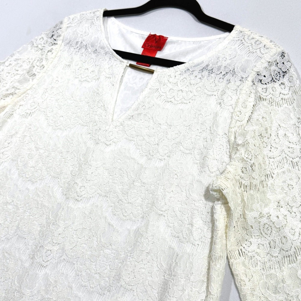 Cristina Lace Blouse Women's L White Floral Keyhole Neck Eyelash Trim Boho Chic